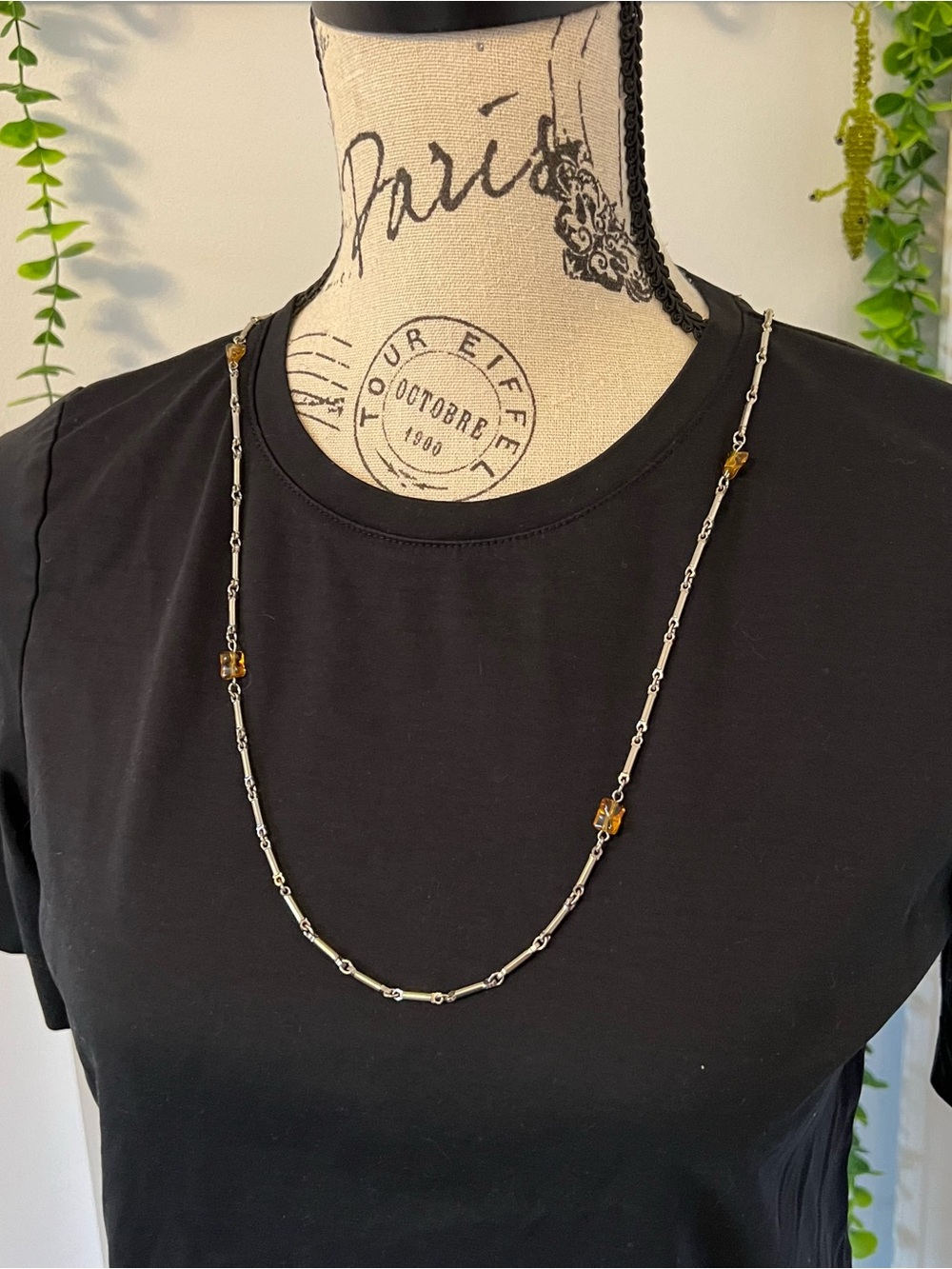 Classic Silver Chain Necklace with Amber Beads - Women Jewelry